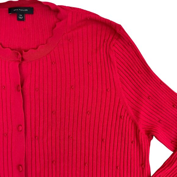 Ann Taylor Sz XXL Red Textured Ribbed Knit Stretchy Cardigan Scalloped Neck Cute - Picture 9 of 16